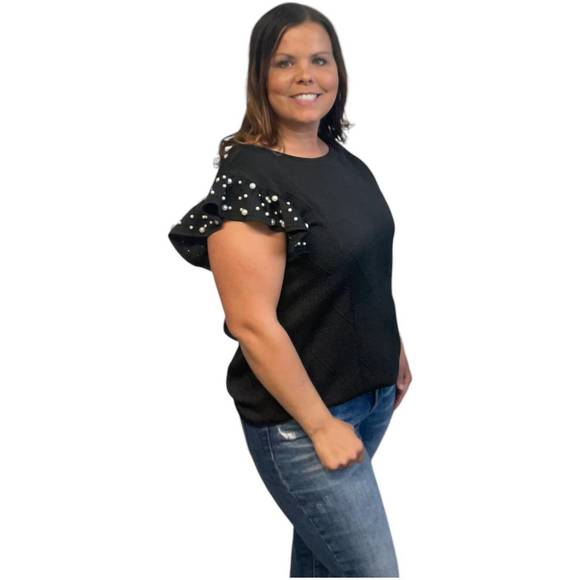 NEW UMGEE pearl ruffle sleeve top in black - Picture 3 of 3